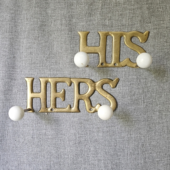 Vintage Brass Porcelain 'His and Hers' Wall Hooks - Picture 4 of 8